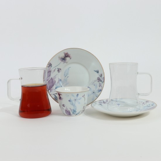 Luxury 36-Piece Tea and Coffee Set with Purple Floral Patterns, Porcelain and Glass, Gold Rim