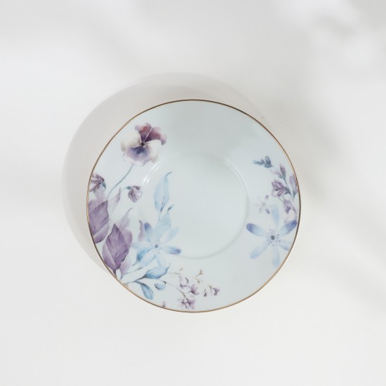 Luxury 36-Piece Tea and Coffee Set with Purple Floral Patterns, Porcelain and Glass, Gold Rim
