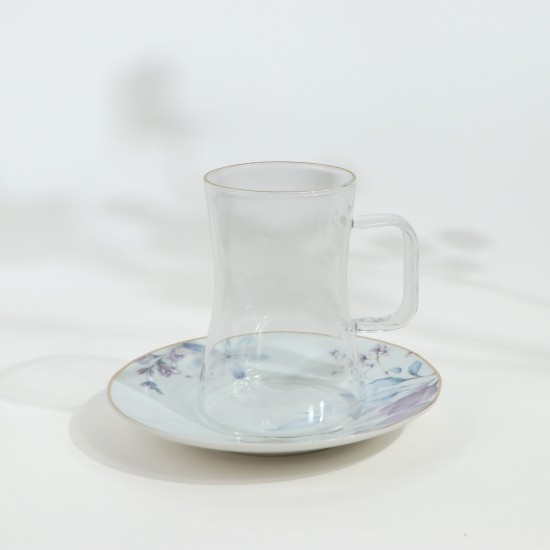 Luxury 36-Piece Tea and Coffee Set with Purple Floral Patterns, Porcelain and Glass, Gold Rim