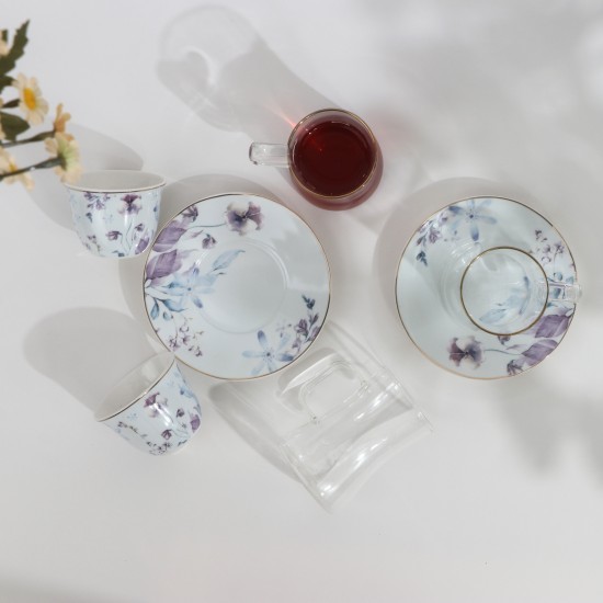 Luxury 36-Piece Tea and Coffee Set with Purple Floral Patterns, Porcelain and Glass, Gold Rim