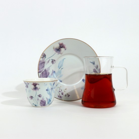 Luxury 36-Piece Tea and Coffee Set with Purple Floral Patterns, Porcelain and Glass, Gold Rim