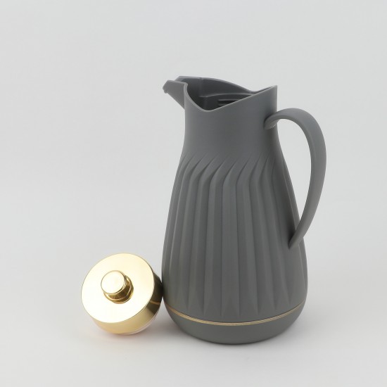 Classic Design Thermos Flask with Shiny Gold Lid - Grey, 1 Liter