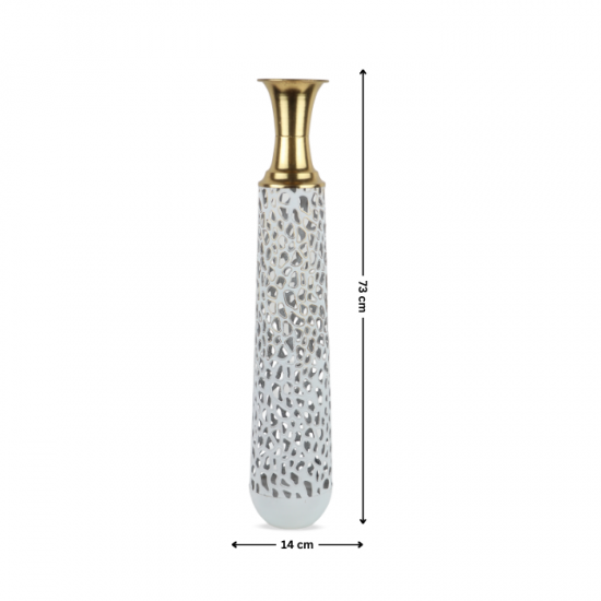 Metal vase with a distinctive design, white and gold, size 73 cm Metal vase with a distinctive design, white and gold, size 73 cm