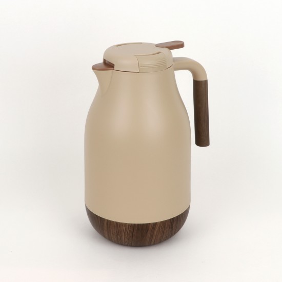 Thermos with a modern design and wooden touches - beige color -2 liters capacity
