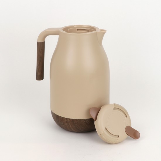 Thermos with a modern design and wooden touches - beige color -2 liters capacity