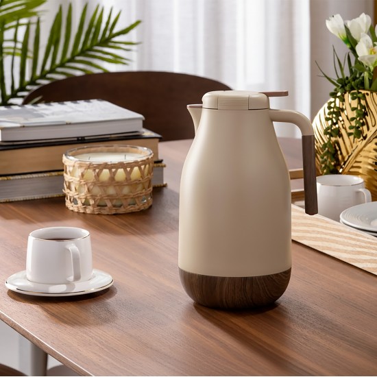 Thermos with a modern design and wooden touches - beige color -2 liters capacity
