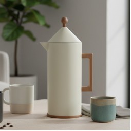 Modern design stainless steel thermos, beige color, with a handle and wooden finish, capacity 1 liter