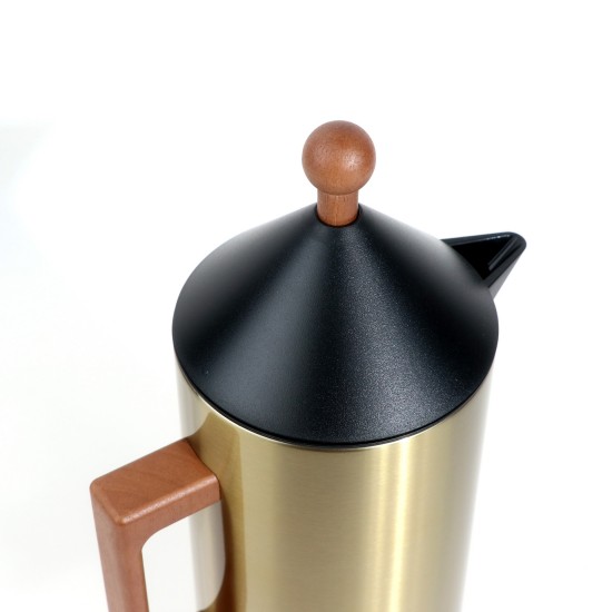 Golden Thermos Flask with Wooden Handle - 1 Liter Capacity