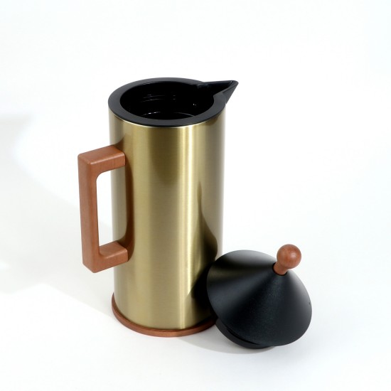 Golden Thermos Flask with Wooden Handle - 1 Liter Capacity