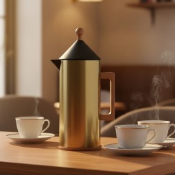 Modern design stainless steel thermos in gold color with a handle and wooden finish - capacity 1 liter