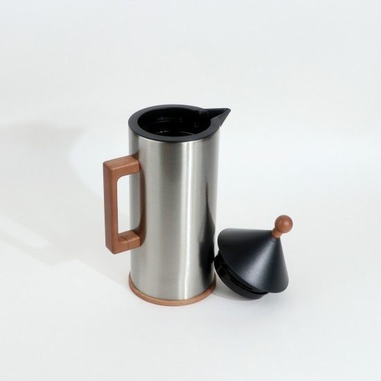 Modern design silver thermos flask with wooden handle and finish - 0.6 liter capacity