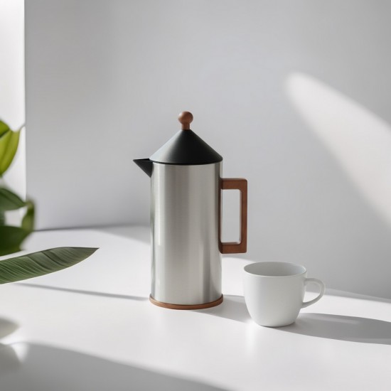 Modern design silver thermos flask with wooden handle and finish - 0.6 liter capacity