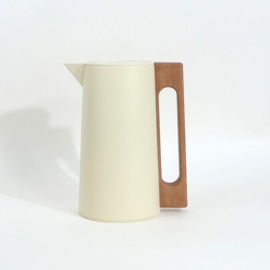 Modern design stainless steel thermos, beige color, with a handle and wooden finish, capacity 1 liter