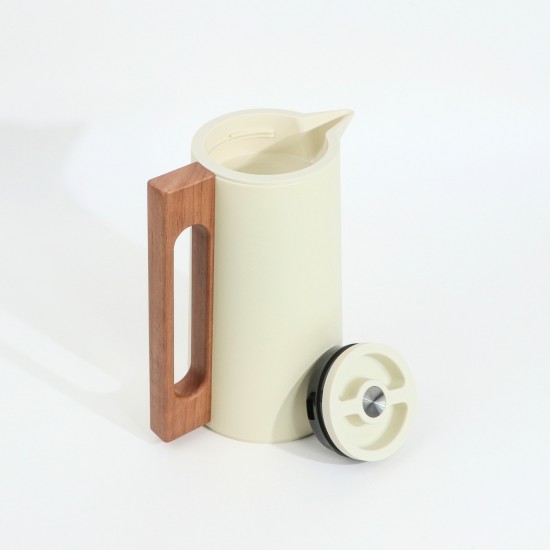 Modern design stainless steel thermos, beige color, with a handle and wooden finish, capacity 1 liter