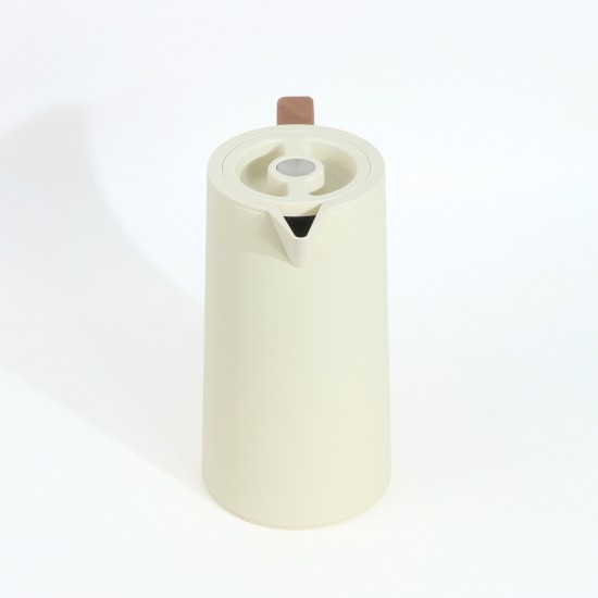 Modern design stainless steel thermos, beige color, with a handle and wooden finish, capacity 1 liter