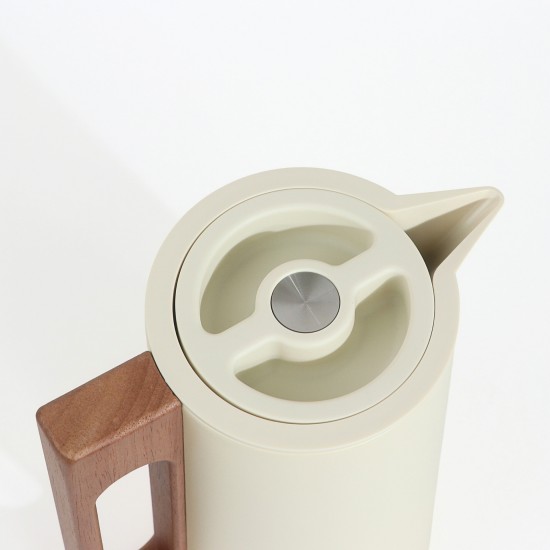 Modern design stainless steel thermos, beige color, with a handle and wooden finish, capacity 1 liter