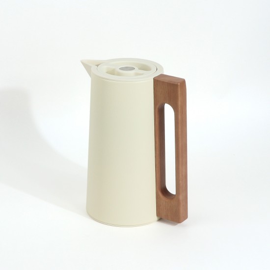 Modern design stainless steel thermos, beige color, with a handle and wooden finish, capacity 1 liter