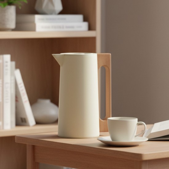 Modern design stainless steel thermos, beige color, with a handle and wooden finish, capacity 1 liter