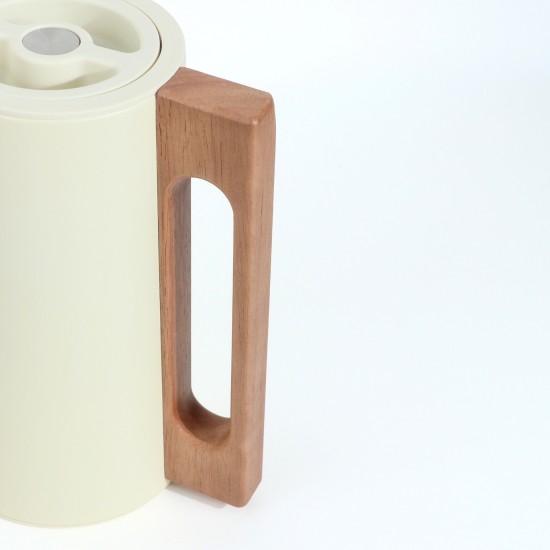 Modern design stainless steel thermos, beige color, with a handle and wooden finish, capacity 1 liter