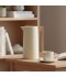 Modern design stainless steel thermos, beige color, with a handle and wooden finish, capacity 1 liter