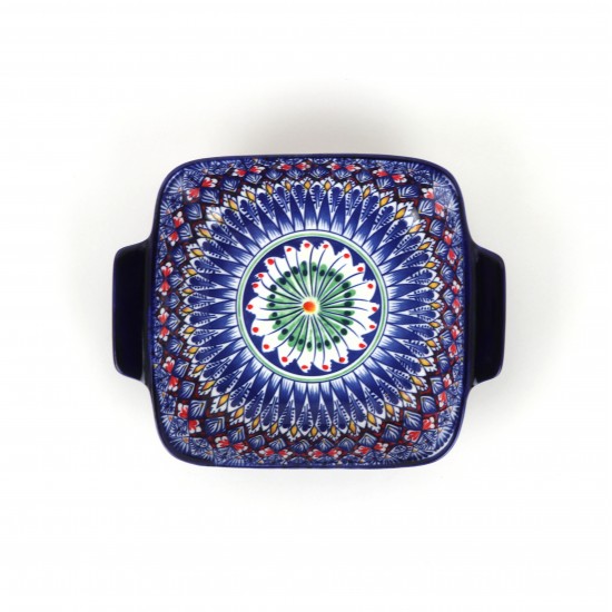 Deep Square Ceramic Bowl with Colorful Geometric Pattern - 7.5"