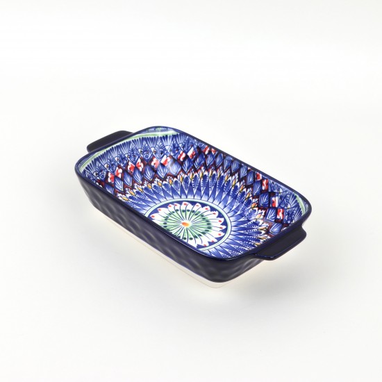 Deep rectangular ceramic bowl decorated with colorful geometric patterns - 9 inches
