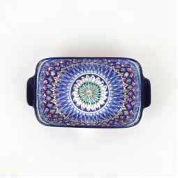 Deep rectangular ceramic bowl decorated with colorful geometric patterns - 9 inches Deep rectangular ceramic bowl decorated with colorful geometric patterns - 9 inches