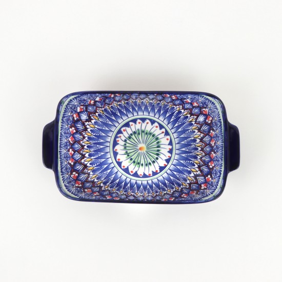 Deep rectangular ceramic bowl decorated with colorful geometric patterns - 9 inches