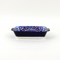 Deep rectangular ceramic bowl decorated with colorful geometric patterns - 9 inches