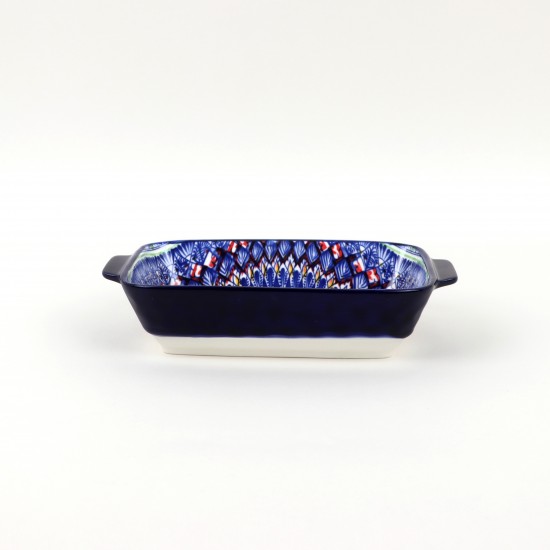 Deep rectangular ceramic bowl decorated with colorful geometric patterns - 9 inches