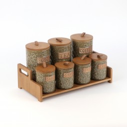 7-Piece Ceramic Spice Jar Set with Wooden Holder - 2SS1-R01-014