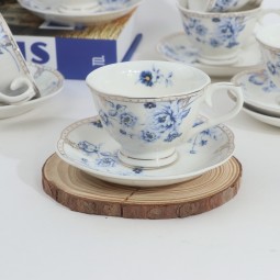 Blue Floral Porcelain Coffee Cup Set - 6 Pieces with Serving Tray