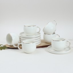 Porcelain Coffee Cup Set - White with Gold Line - 6 Pieces with Serving Plate Porcelain Coffee Cup Set - White with Gold Line - 6 Pieces with Serving Plate