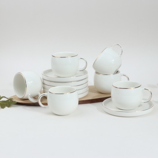 Porcelain Coffee Cup Set - White with Gold Line - 6 Pieces with Serving Plate Porcelain Coffee Cup Set - White with Gold Line - 6 Pieces with Serving Plate