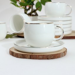 Porcelain Coffee Cup Set - White with Gold Line - 6 Pieces with Serving Plate