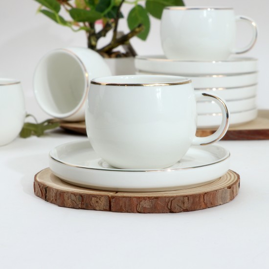 Porcelain Coffee Cup Set - White with Gold Line - 6 Pieces with Serving Plate Porcelain Coffee Cup Set - White with Gold Line - 6 Pieces with Serving Plate