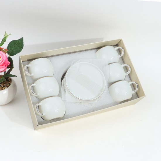 Porcelain Coffee Cup Set - White with Gold Line - 6 Pieces with Serving Plate Porcelain Coffee Cup Set - White with Gold Line - 6 Pieces with Serving Plate