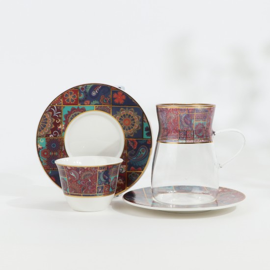طقم شاي وقهوة - 36 قطعة - فخم بزخارف ملونه و تصميم فاخر بخطوط ذهبية - 2SS1-T01-075