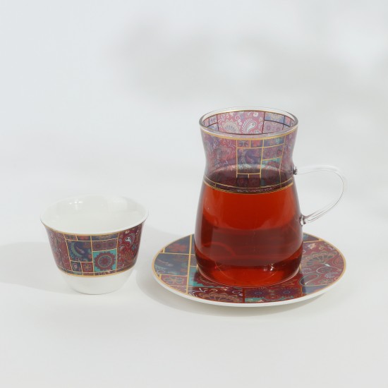 طقم شاي وقهوة - 36 قطعة - فخم بزخارف ملونه و تصميم فاخر بخطوط ذهبية - 2SS1-T01-075