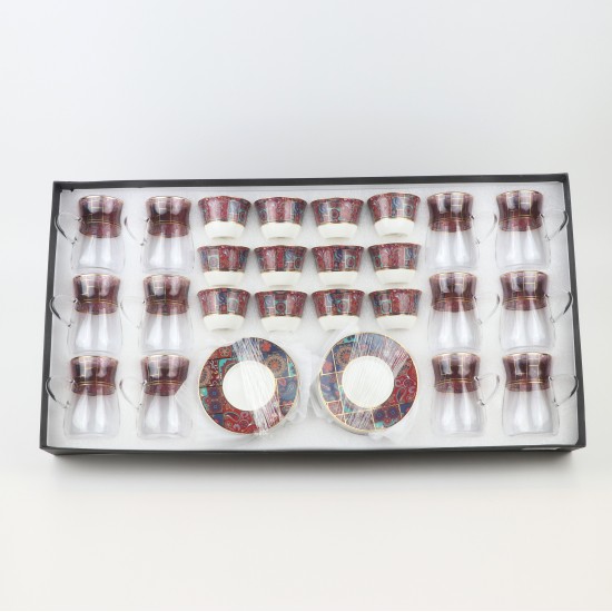 طقم شاي وقهوة - 36 قطعة - فخم بزخارف ملونه و تصميم فاخر بخطوط ذهبية - 2SS1-T01-075