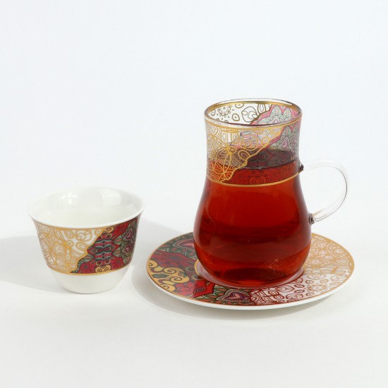 طقم شاي وقهوة - 36 قطعة - فخم بزخارف ملونه و تصميم فاخر بخطوط ذهبية - 2SS1-T01-078