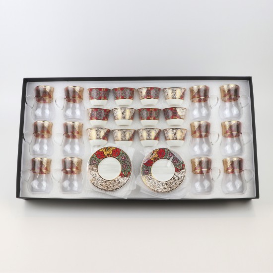 طقم شاي وقهوة - 36 قطعة - فخم بزخارف ملونه و تصميم فاخر بخطوط ذهبية - 2SS1-T01-078