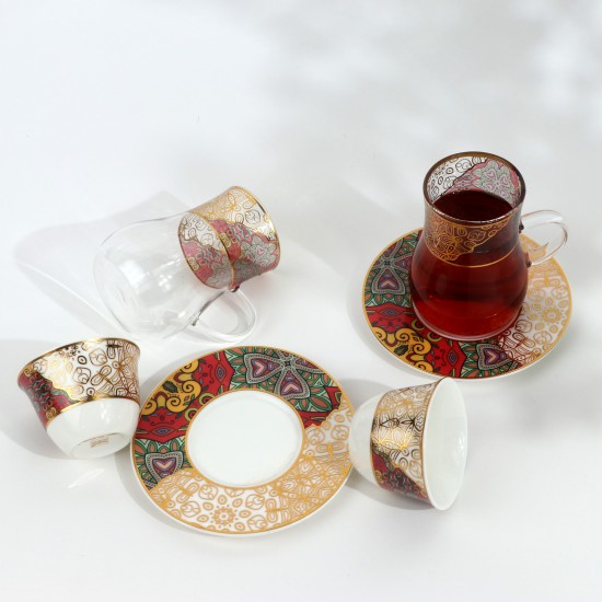 طقم شاي وقهوة - 36 قطعة - فخم بزخارف ملونه و تصميم فاخر بخطوط ذهبية - 2SS1-T01-078