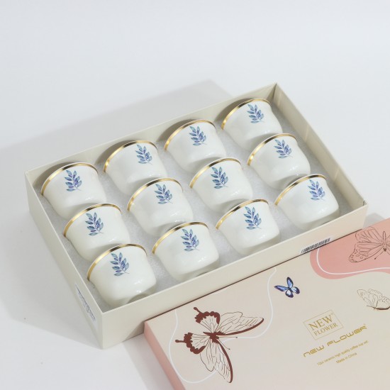 Blue Rose Decorated Porcelain Coffee Cup Set - 12 Pieces