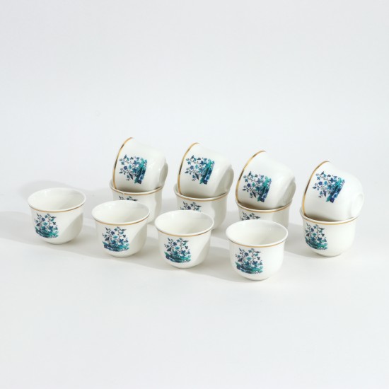 Green Rose Decorated Porcelain Coffee Cup Set - 12 Pieces