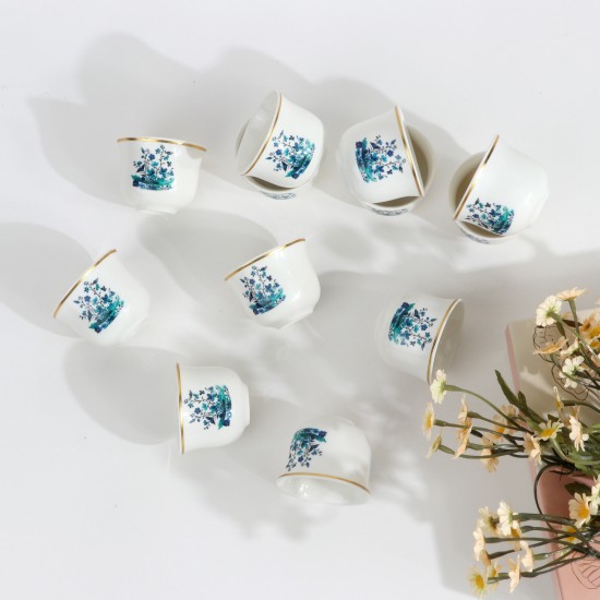 Green Rose Decorated Porcelain Coffee Cup Set - 12 Pieces
