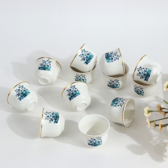 Green Rose Decorated Porcelain Coffee Cup Set - 12 Pieces