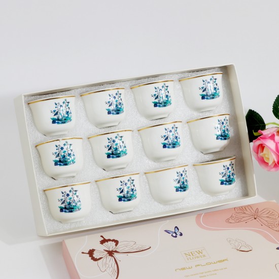 Green Rose Decorated Porcelain Coffee Cup Set - 12 Pieces