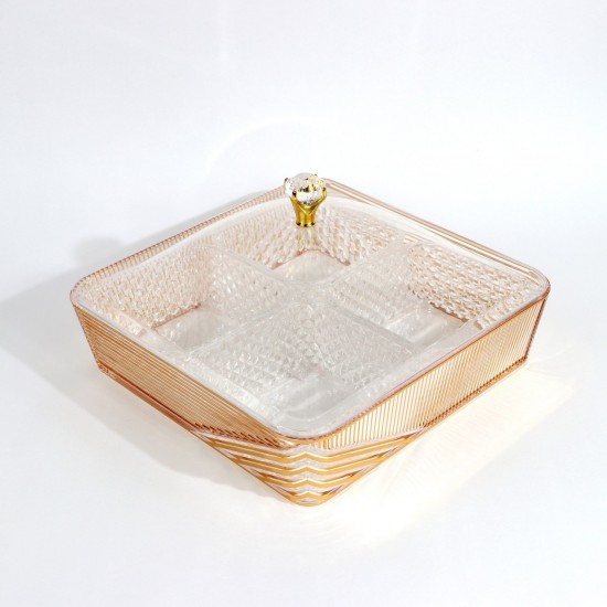 Square acrylic serving tray with lid and gold handle - 4 compartments