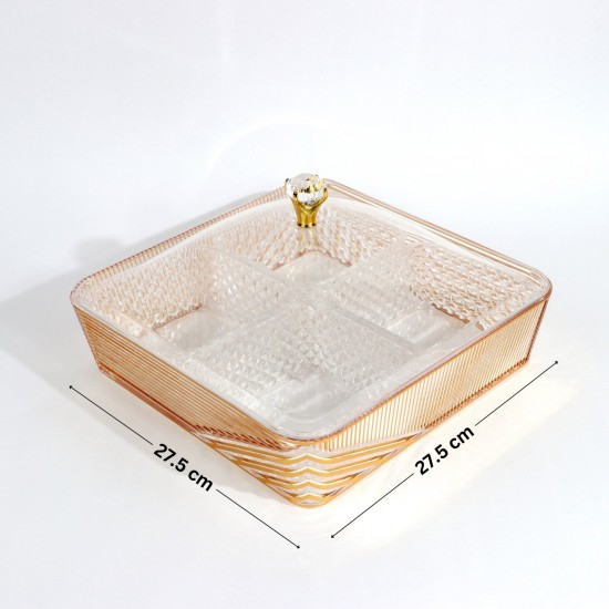 Square acrylic serving tray with lid and gold handle - 4 compartments